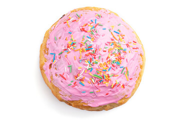 Homemade glazed and decorated pink easter pie isolated on a white background. top view, close up.