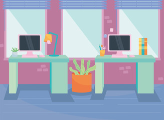 workplace with desks computers and chairs vector design