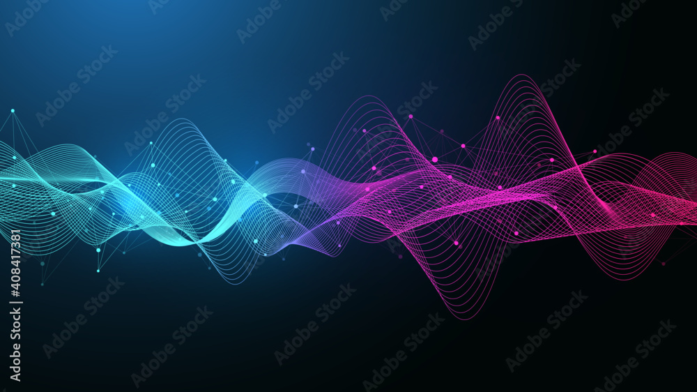 Poster Geometric abstract background with connected lines and dots. Connectivity flow point. Molecule and communication background. Graphic connection background for your design. Vector illustration.