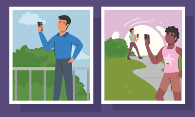 people with smartphone at park in frames vector design