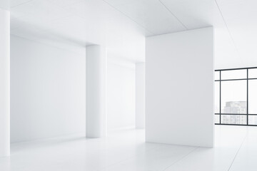 Contemporary exhibition interior with columns, blank wall and city view.