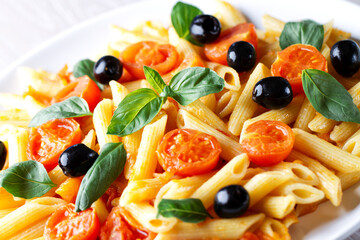 Pasta with Fresh Tomatoes and Basil. Typical Italian Dish.