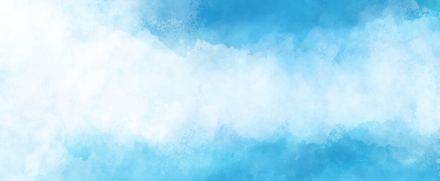 blue and white background of digital watercolor clouds on bright blue background, abstract painted white smoke or haze in blotches and blobs on bright blue border