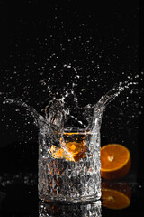 orange slice dropping and splashing in a glass with transparent liquid