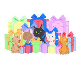 Illustration drawing of five diverse tabby kittens sitting behind and in front of colorful present boxes with bows on a white background, looking directly at viewer. With copy space for your text.