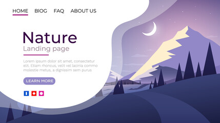 Landing page screen, nature landscape template cover. website background. Vector
