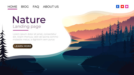 Landing page screen, nature landscape template cover. website background. Vector
