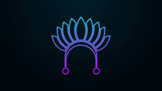Glowing neon line Indian headdress with feathers icon isolated on black background. Native american traditional headdress. 4K Video motion graphic animation