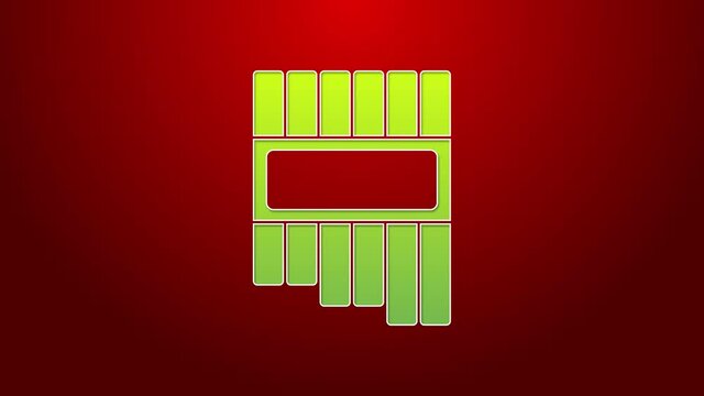 Green line Pan flute icon isolated on red background. Traditional peruvian musical instrument. Zampona. Folk instrument from Peru, Bolivia and Mexico. 4K Video motion graphic animation