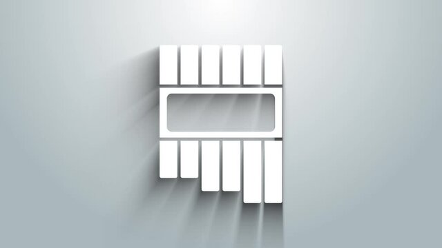 White Pan flute icon isolated on grey background. Traditional peruvian musical instrument. Zampona. Folk instrument from Peru, Bolivia and Mexico. 4K Video motion graphic animation