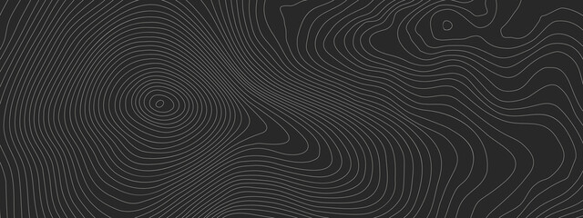 The stylized height of the topographic contour in lines and contours. The concept of a conditional geography scheme and the terrain path. Dark on black. Ultra wide size. Vector illustration.
