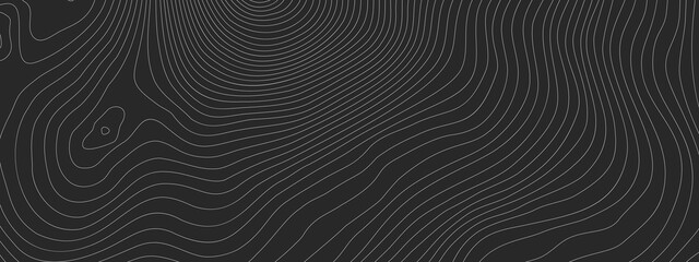 The stylized height of the topographic contour in lines and contours. The concept of a conditional geography scheme and the terrain path. Dark on black. Ultra wide size. Vector illustration.