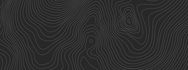 The stylized height of the topographic contour in lines and contours. The concept of a conditional geography scheme and the terrain path. Dark on black. Ultra wide size. Vector illustration. - obrazy, fototapety, plakaty