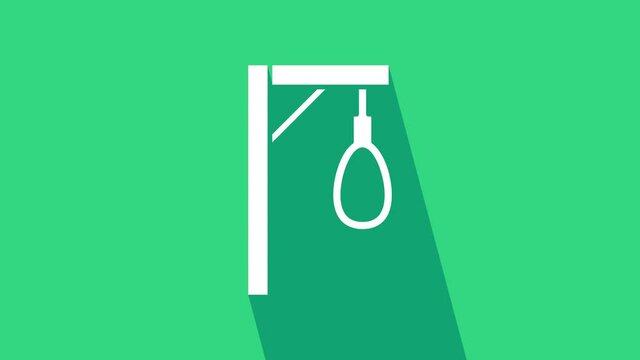 White Gallows rope loop hanging icon isolated on green background. Rope tied into noose. Suicide, hanging or lynching. 4K Video motion graphic animation