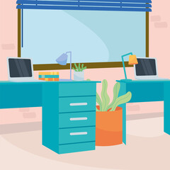 workplace with desks laptops and lamps vector design