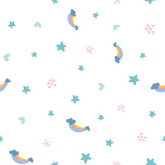 Seamless pattern with rainbows, love, and star. Creative kids style texture for fabric, wrapping, textile, wallpaper, apparel. Surface pattern design.