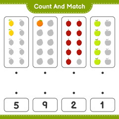 Count and match, count the number of Fruits and match with right numbers. Educational children game, printable worksheet, vector illustration