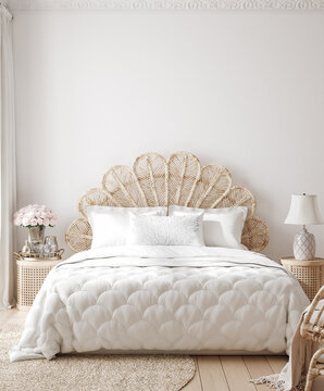 Luxury feminine bedroom interior background, wall mockup, 3d render
