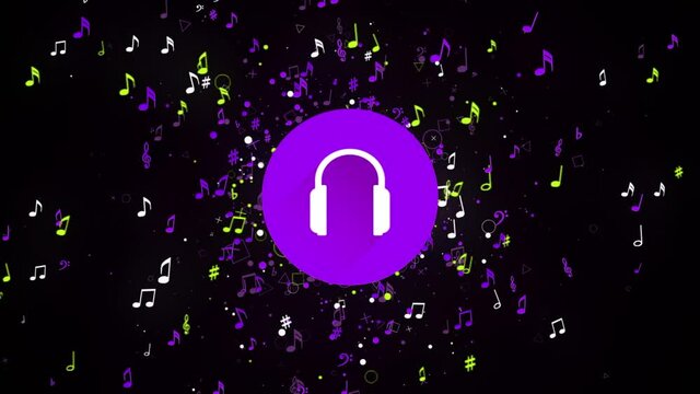 Icon of headphones in a purple circle and many small musical notes flying around on black background. Animation. Seamless loop motion graphics, concept of night club music. 