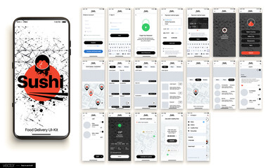 Sushi Delivery. Design of the Mobile Application, UI, UX. Set of GUI Screens with Login and Password input, and screens with Menu, Add to Cart, Payment and Delivery Tracking.