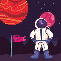 Space astronaut with flag and planets vector design