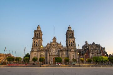 Zocalo Constitution Square and Metropolitan Cathedral at Historic center of Mexico City CDMX, Mexico. Historic center of Mexico City is a UNESCO World Heritage Site.