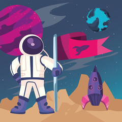 Space astronaut with flag and rocket vector design