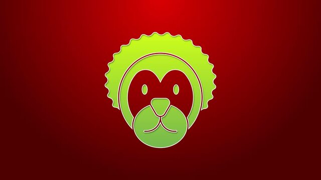 Green line Wild lion icon isolated on red background. 4K Video motion graphic animation