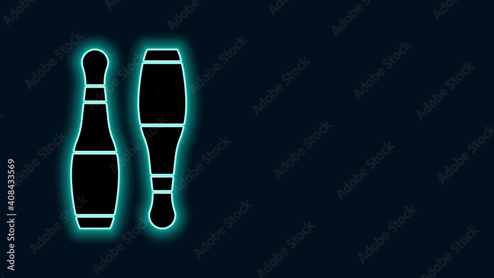 Sticker Glowing neon line Bowling pin icon isolated on black background. Juggling clubs, circus skittles. 4K Video motion graphic animation