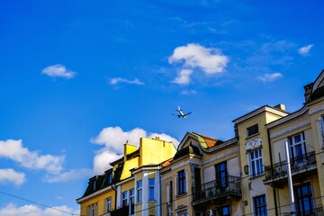 Old and architectural building sky and flight view from top of the building blue sky.
