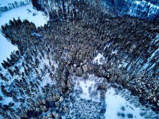 Beautiful panoramic aerial drone view on a winter landscape in the Stolowe mountains during a snowfall. The Stolowe Mountains National Park, Poland, Europe