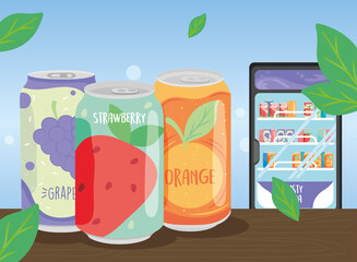 Soda cans of grape strawberry orange and fridge vector design