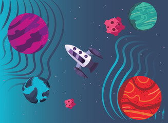 Space rocket and planets vector design