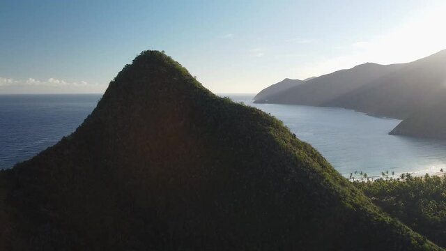 Aerial shot of Puerto Colombia and Playa Grande, Aragua State, Venezuela, high angle approach