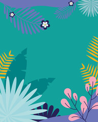 turquoise background with colorful leaves and flowers