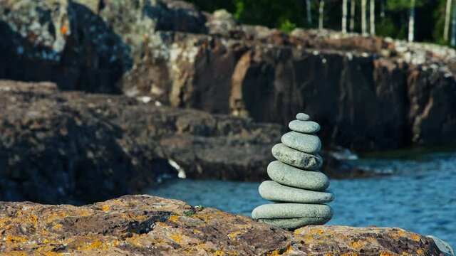 tower of stones by the water summer north relax lake superior minnesota midwest usa united states of america