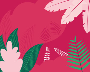 pink and green tropical leaves over pink background, colorful design