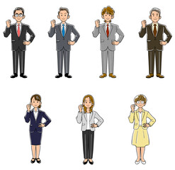 ガッツポーズするビジネスマンとビジネスウーマンの全身のイラストセット
