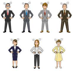 腰に手をあてて怒るビジネスマンとビジネスウーマンの全身のイラストセット

