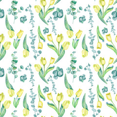 Tulips background in watercolor style, greeting card for 8 March holiday.