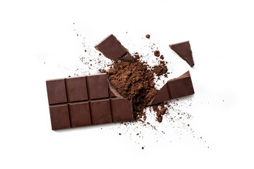 Top view of broken dark chocolate bar and chocolate powder  isolated on white table
