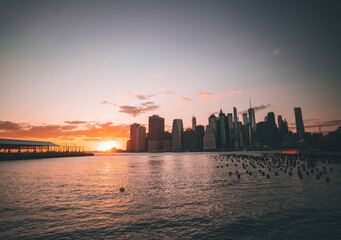 city skyline at sunset New York usa 