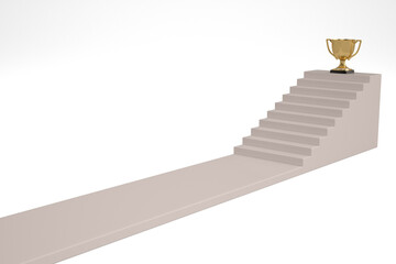 Golden trophy and stairs isolated on white background. 3D illustration.