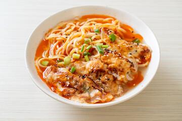 ramen noodles with gyoza or pork dumplings