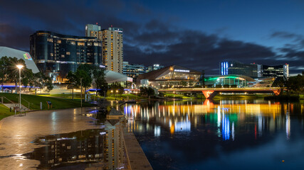 The Adelaide City at night with the river torrens in the foreground in Adelaide South Australian on January 25th 2021