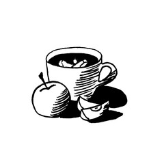 Cup of tea with apples, graphic black and white sketch on white background