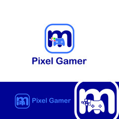 m initial letter with game console icon and pixel for gaming logo concept. game startup application © muhammad