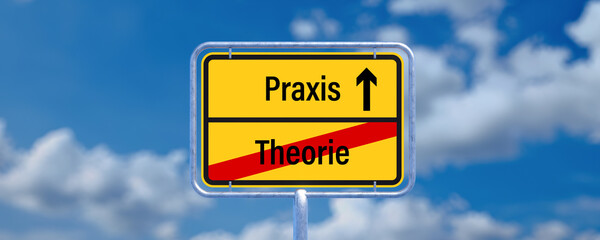 signpost with the German words for THEORY and PRACTICE in front of a cloudy sky