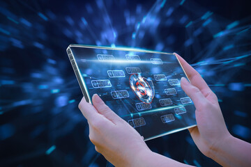 Business woman holding smart tablet,padlock,shield guard,interface virtual screen,concept preventing website attack,financial information cyber security,crime,prevention Internet based attack