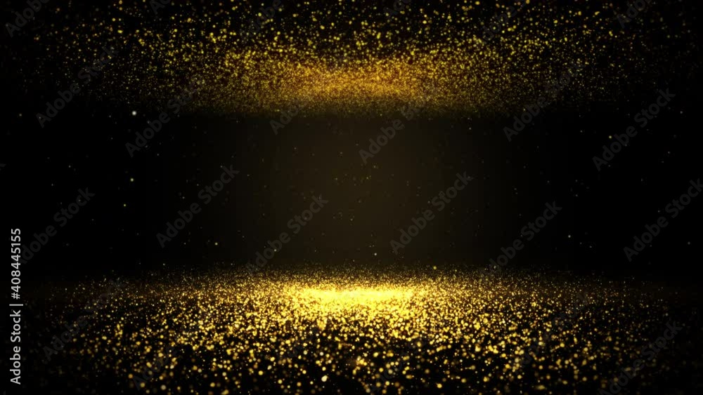 Wall mural gold particles abstract background with shining golden floor particles stars dust. Futuristic glittering fly movement flickering loop in space on black background.	